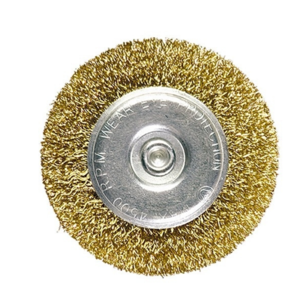 MTX Crimped Shaft-Mounted Wheel Brush 75mm, 6mm Shank, Brass Coated Steel Wire - 744489