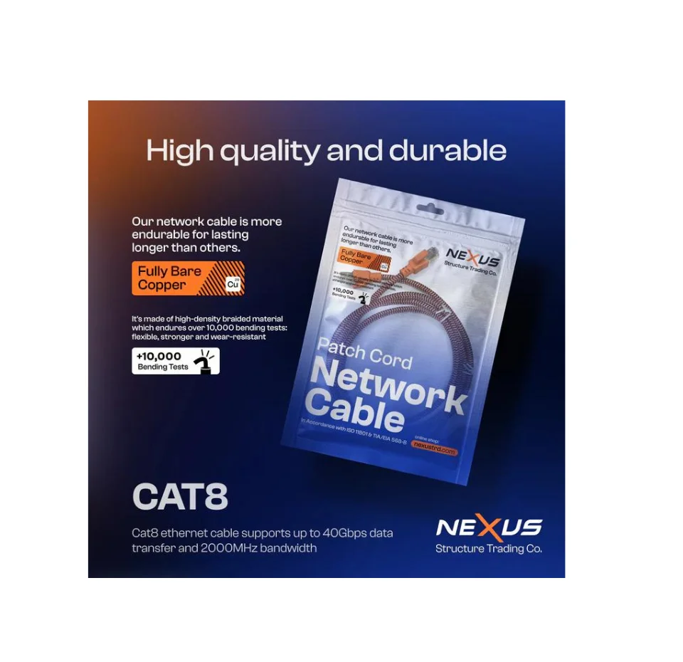 Nexus CAT8 SFTP Ethernet Cable(1m) Full Copper, High-Speed 40Gbps, 2000MHZ, RJ45 Bralded and Shielded Patch Card